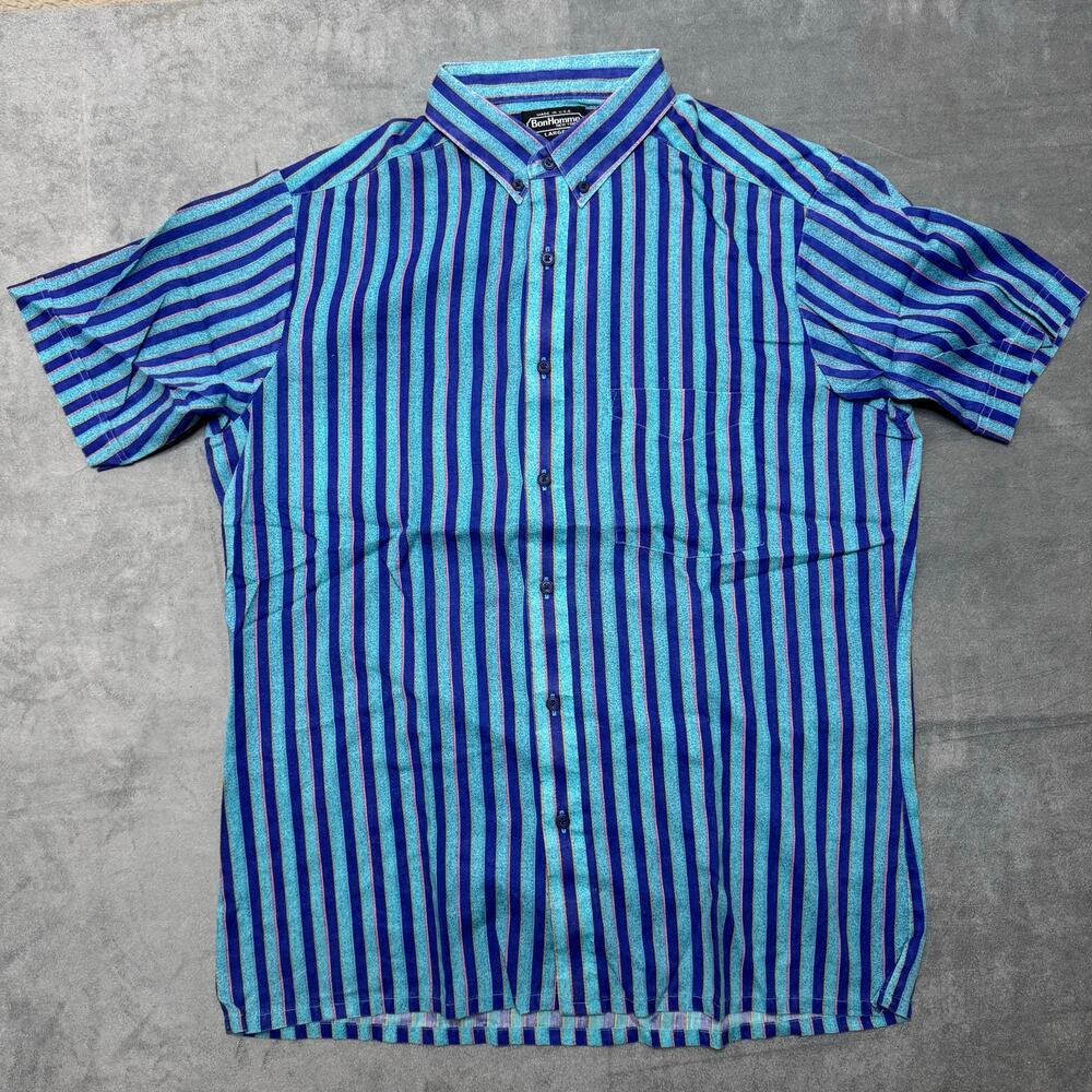 Vintage Bon Homme 80s/90s Striped Cotton Shirt Blue/Purple Button-Up Retro